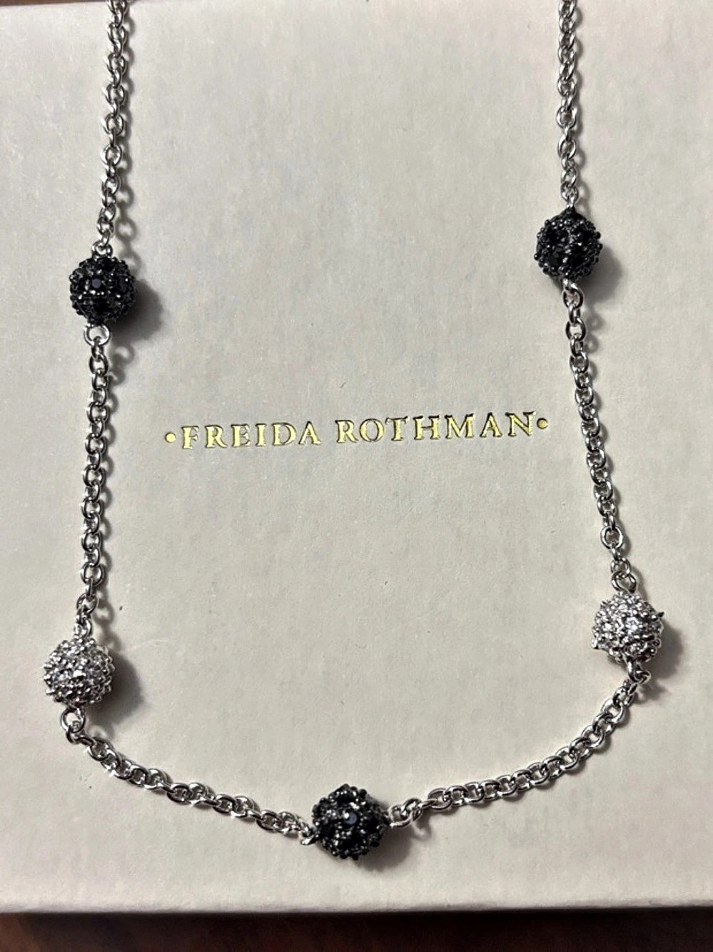 Freida Rothman Vault. Beaded Statement Necklace in Silver & Black, New. SS 925